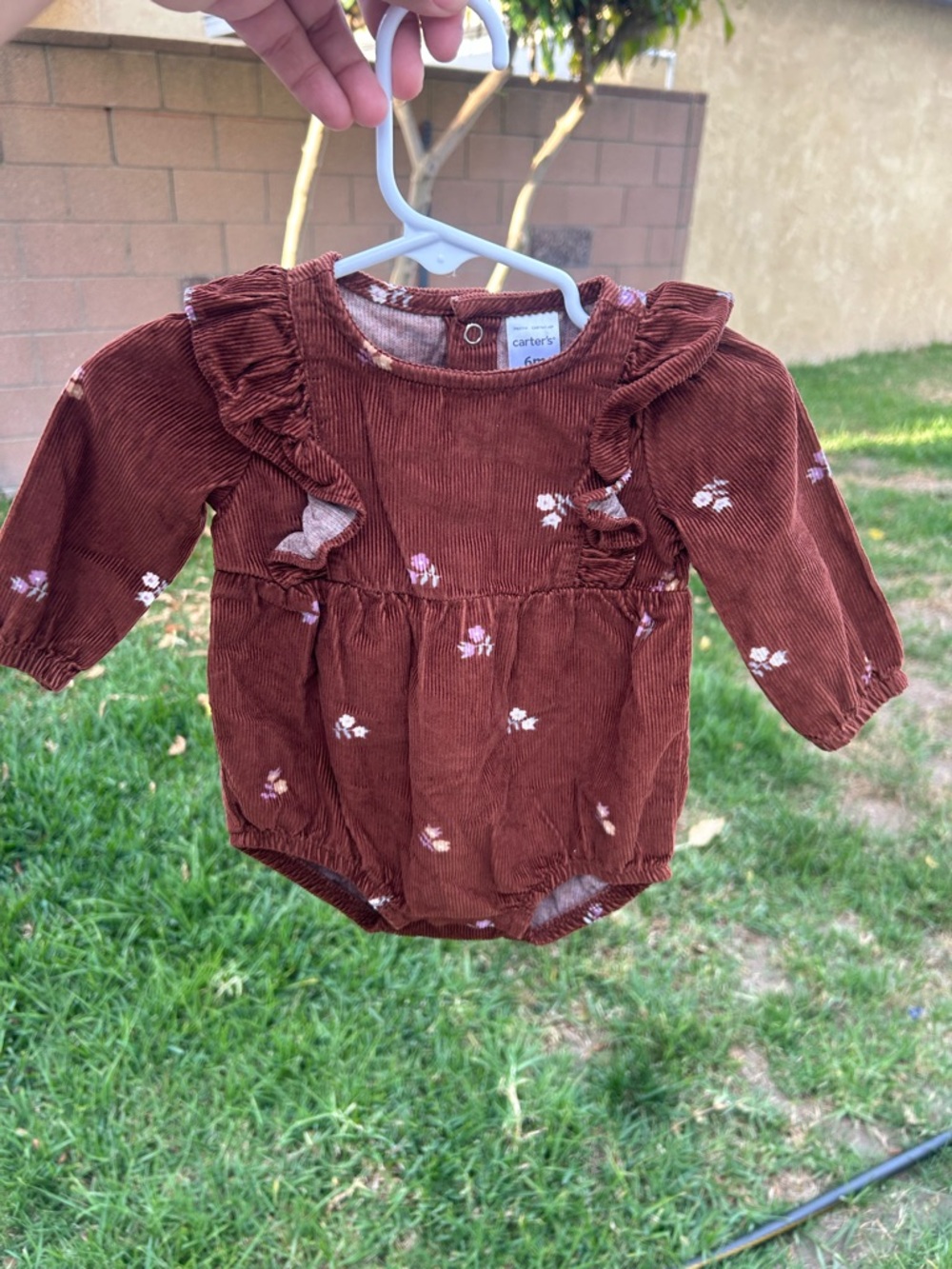 Carter's Rust Brown Corduroy Romper with Pink Floral Accents